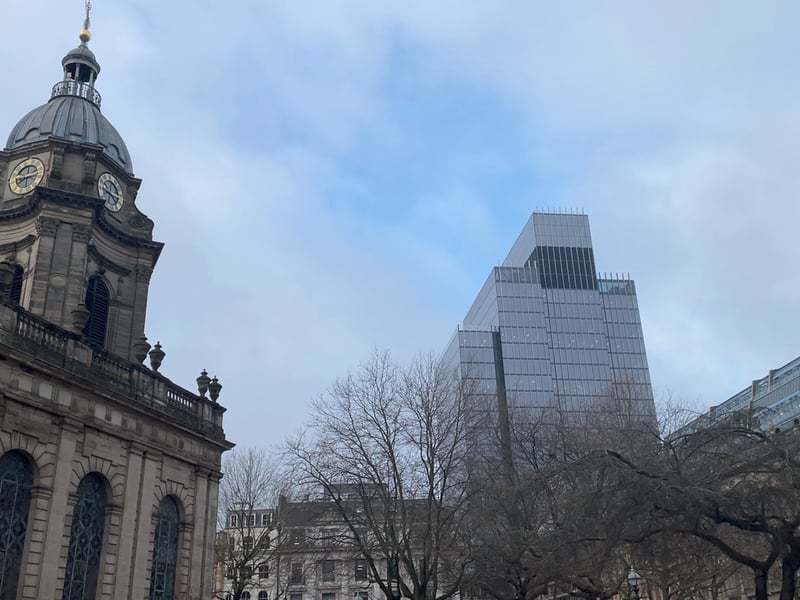 St. Phillip’s Cathedral in Birmingham city centre is surrounded by buildings but appears slightly lighter than red due to the trees in Cathedral Square also knownas Pigeon Park. It is 0.394 degrees cooler than Smithfield.(Photo - Local TV)