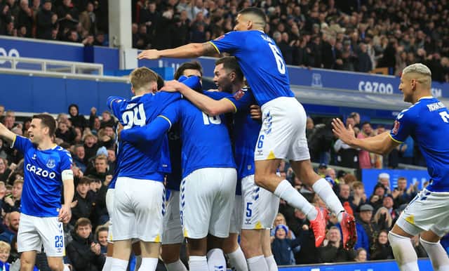 Everton celebrate scoring against Brentford. Picture: LINDSEY PARNABY/AFP via Getty Images