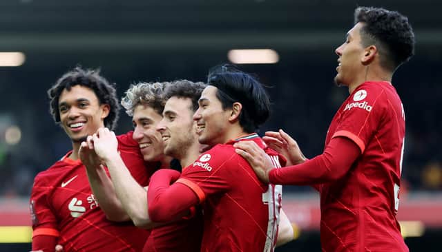Liverpool celebrate scoring against Cardiff. Picture: Clive Brunskill/Getty Images
