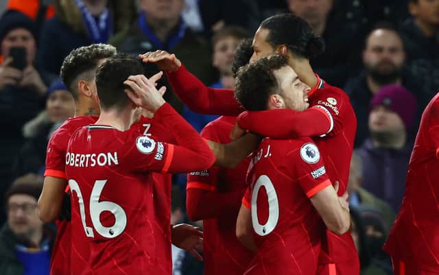 Liverpool celebrate Diogo Jota’s opening goal against Leicester. Picture: Clive Brunskill/Getty Images