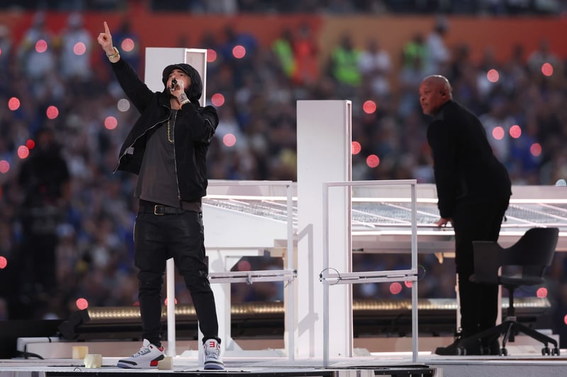 Eminem and Dr. Dre perform during the Pepsi Super Bowl LVI Halftime Show.
