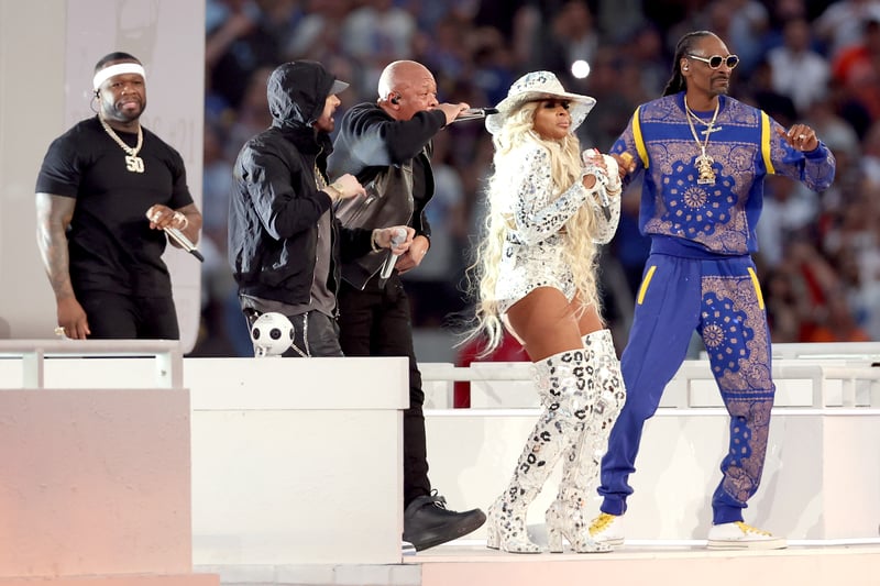 50 Cent, Eminem, Dr. Dre, Mary J. Blige, and Snoop Dogg perform during the Pepsi Super Bowl LVI Halftime Show at SoFi Stadium.