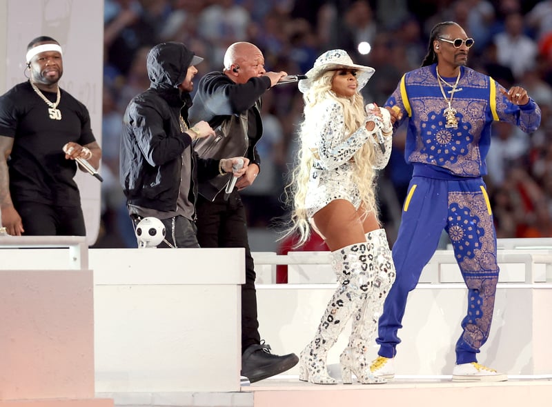 50 Cent, Eminem, Dr. Dre, Mary J. Blige, and Snoop Dogg perform during the Pepsi Super Bowl LVI Halftime Show at SoFi Stadium.