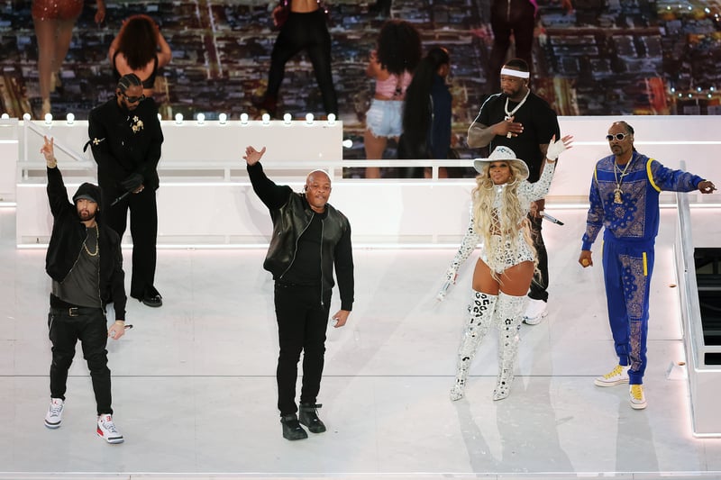 (L-R) Eminem, Kendrick Lamar, Dr. Dre, Mary J. Blige, 50 Cent, and Snoop Dogg perform during the Pepsi Super Bowl LVI Halftime Show.
