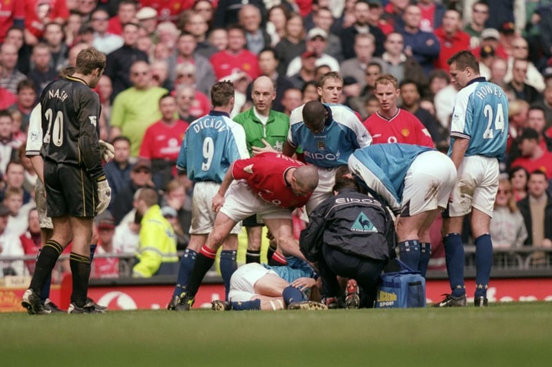 Quite the saga, this one. Roy Keane suffered a season-ending ligament injury in a tackle with Alf-Inge Haaland in September 1997, but the Norwegian initially accused the Irishman of feigning his injury and stood over his prone rival demanding that he get on with the game. Never one to forget a grudge, Keane would go on to inflict a severe injury on Haaland in a horror challenge when the two men faced off in a Manchester derby four years later, before replicating the ex-Leeds star’s infamous screaming antics. (Photo Credit: Gary M Prior/Allsport)