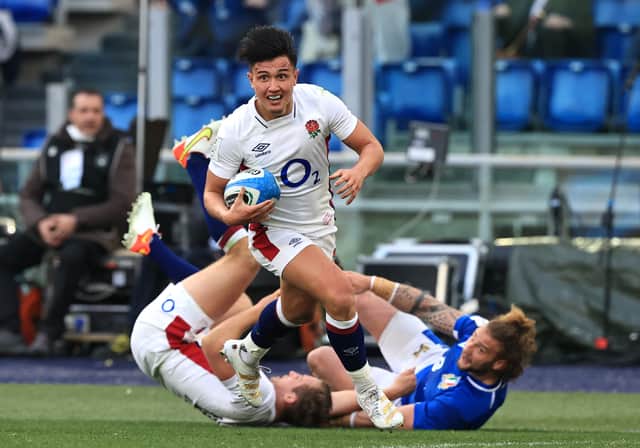 Marcus Smith of England scores their team’s first try during the Guinness Six Nations match between Italy and England at Stadio Olimpico on February 13, 2022 in Rome, Italy