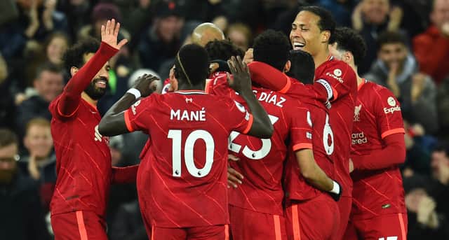 Liverpool celebrate during their victory over Leeds United. Picture: Andrew Powell/Liverpool FC via Getty Images