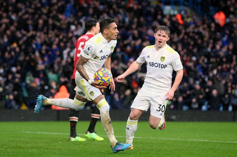 Leeds United star Raphinha currently has a release clause of around £62m written into his contract, but that figure could fall to as low as £20m if the Whites are relegated. (Gianluigi Longari)  (Photo by Laurence Griffiths/Getty Images)