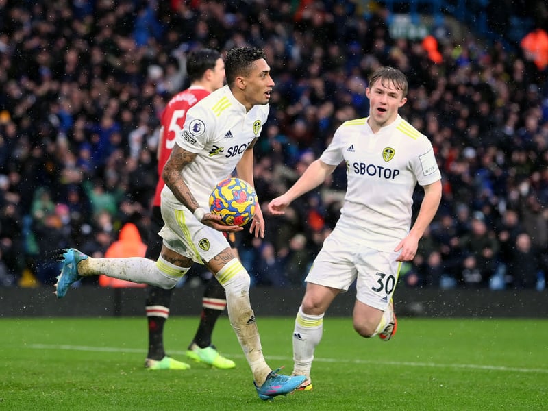Leeds United star Raphinha currently has a release clause of around £62m written into his contract, but that figure could fall to as low as £20m if the Whites are relegated. (Gianluigi Longari) (Photo by Laurence Griffiths/Getty Images)