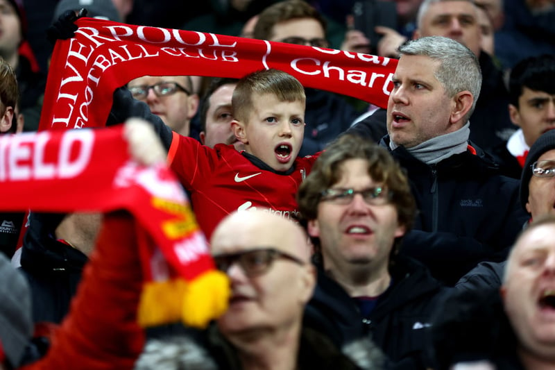 A young fan roars his team on as they continue to dismantle a poor Leeds side. Wednesday night was the first time that Liverpool had won by six clear goals or more at Anfield since they beat Spartak Moscow 7-0 in the Champions League back in 2017.  (Photo by Clive Brunskill/Getty Images)