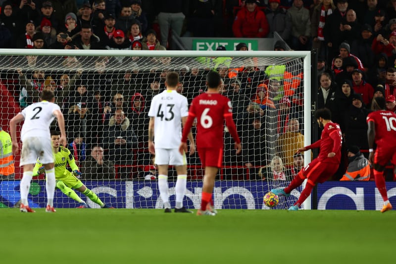Mo Salah tucks away Liverpool’s opener from the penalty spot. The Egyptian would be involved in all three of the Reds’ first half strikes, scoring two and assisting one more. (Getty Images)