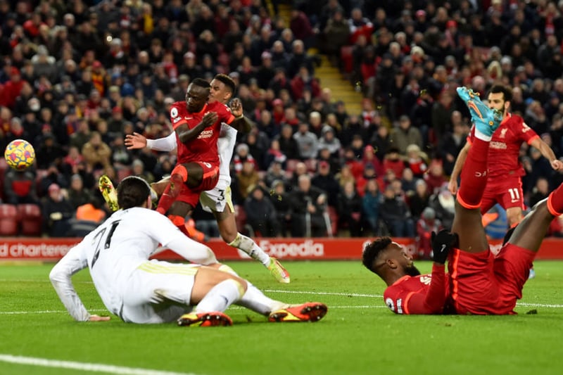 Divock Origi takes a tumble as Mane sweeps home his second of the game after the Belgian’s initial effort is saved. The AFCON winner now has 13 goals for the season in all competitions. (Photo by Andrew Powell/Liverpool FC via Getty Images)
