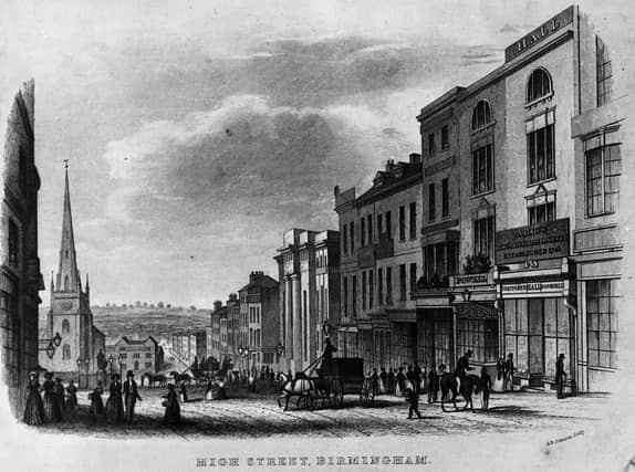 Saint Martin’s in the Bull Ring and High Street Birmingham in 1840. Original artwork engraved by A B Johnson