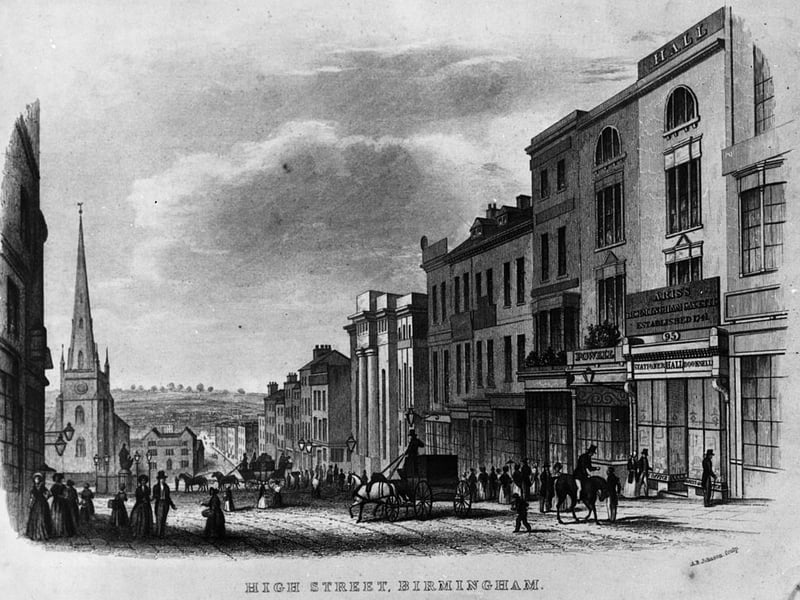 Saint Martin’s in the Bull Ring and High Street Birmingham in 1840. Original artwork engraved by A B Johnson