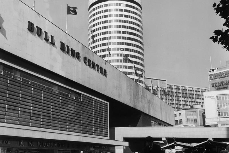 The Bull Ring Centre in 1965 with the Rotunda in the background, The Bull Ring was orginally build in 1964 and demolished in 2001