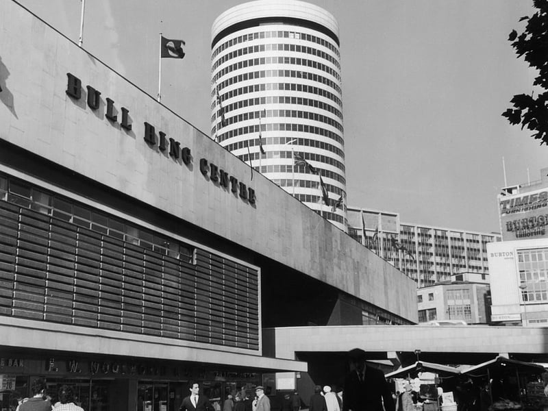 The Bull Ring Centre in 1965 with the Rotunda in the background, The Bull Ring was orginally build in 1964 and demolished in 2001