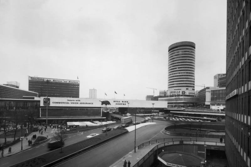 The Bull Ring in April 1971 with the Rotunda building standing to the right
