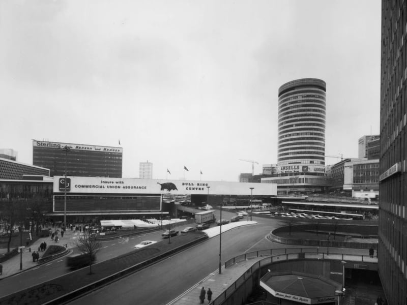 The Bull Ring in April 1971 with the Rotunda building standing to the right