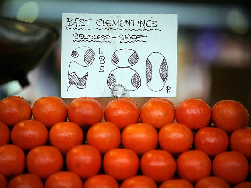 Clementines priced at eighty pence for two pounds on sale at  the Bull Ring Market on  February 29 , 2008 after the market was voted the best market in England by the National Association of Best Market Authorities. Judges praised it’s friendliness and value for money