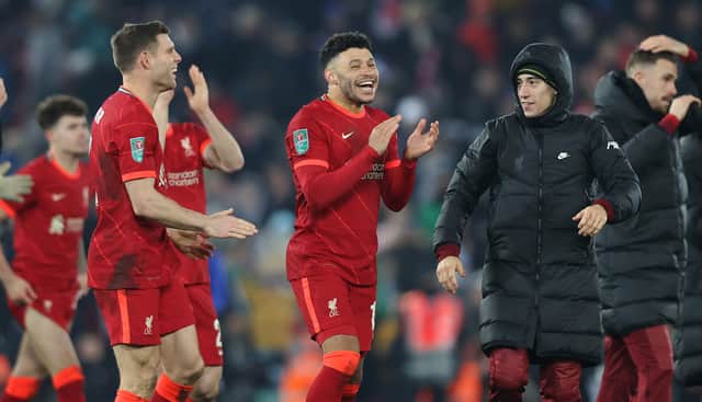 Liverpool celebrate their Carabao Cup quarter-final win over Leicester. Picture: Naomi Baker/Getty Images
