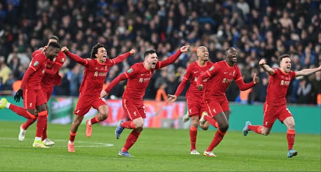 Liverpool celebrate winning the Carabao Cup. Picture: JUSTIN TALLIS/AFP via Getty Images