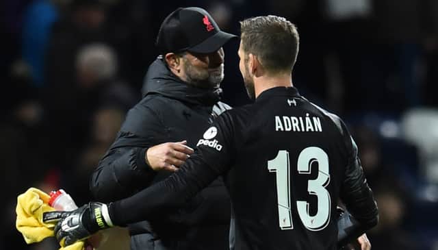 Liverpool manager Jurgen Klopp and goalkeeper Adrian. Picture: Andrew Powell/Liverpool FC via Getty Images