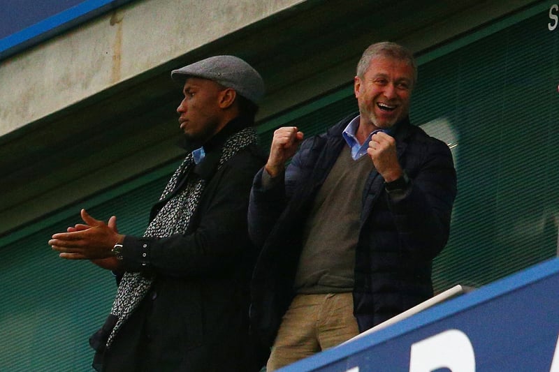 Didier Drogba (L) of Montreal Impact and Chelsea owner Roman Abramovich (R) celebrate Chelsea’s second goal on the stand prior to the Barclays Premier League match between Chelsea and Sunderland at Stamford Bridge on December 19, 2015 in London