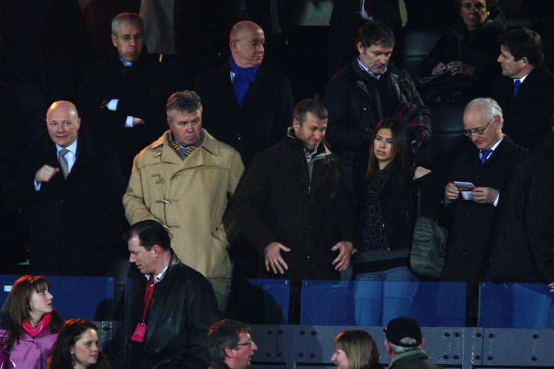 Director of Chelsea Peter Kenyon, new manager Guus Hiddink, owner Roman Abramovich with girlfriend Daria Zhukova and Chairman Bruce Buck watch the the FA Cup sponsored by E.ON 5th Round match between Watford and Chelsea at Vicarage Road on February 14, 2009