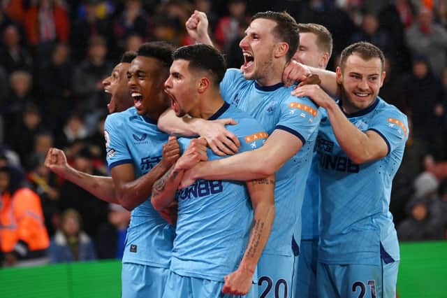 Newcastle United celebrate Bruno Guimaraes’ goal in their 2-1 win over Southampton.
