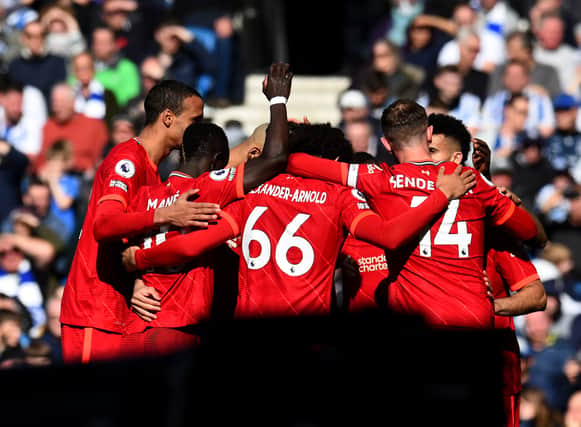 Liverpool celebrate scoring against Brighton. Picture: Andrew Powell/Liverpool FC via Getty Images