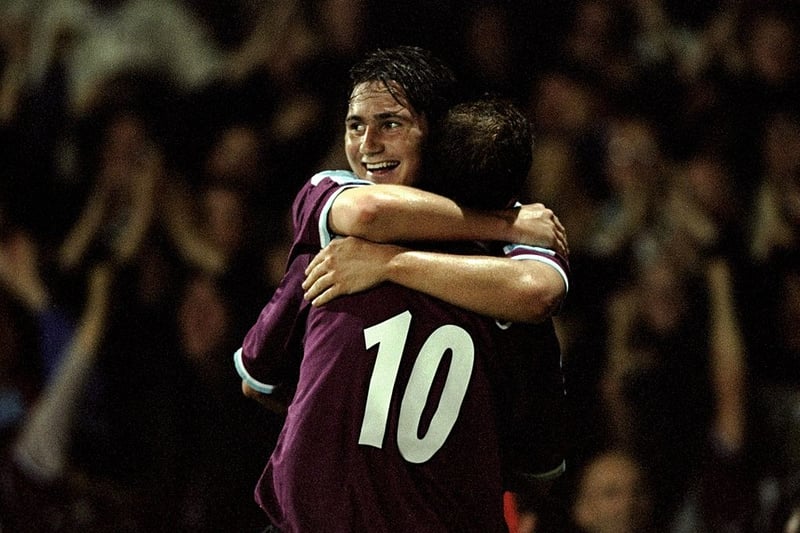 Lampard of West Ham United celebrates with team mate Paolo Di Canio. Credit: Phil Cole /Allsport