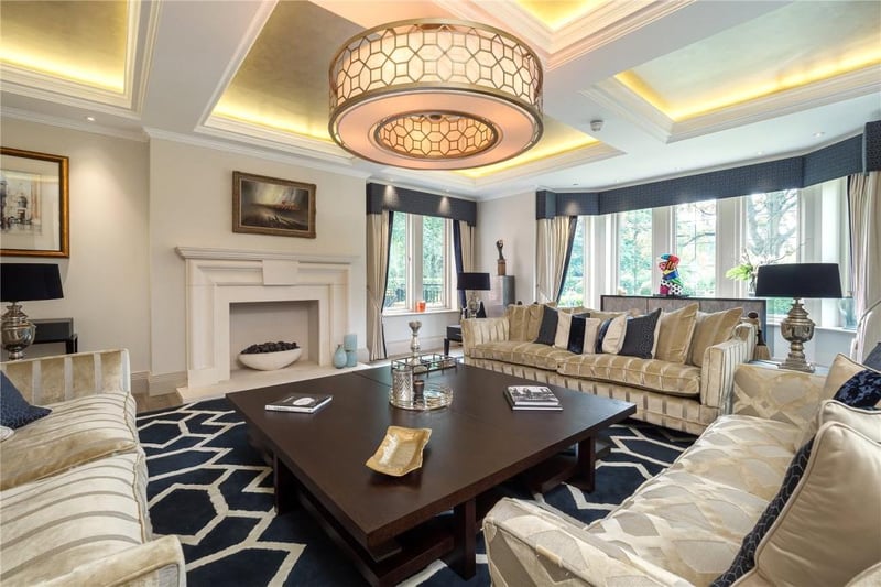 This reception room boasts a showpiece ceiling