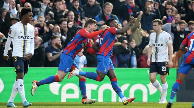 Marc Guehi celebrates after giving Crystal Palace the lead against Everton. Picture: Tom Dulat/Getty Images