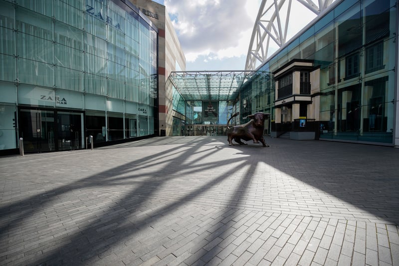 A deserted Bull Ring shopping centre in Birmingham during the first nationwide lockdown in March 2020