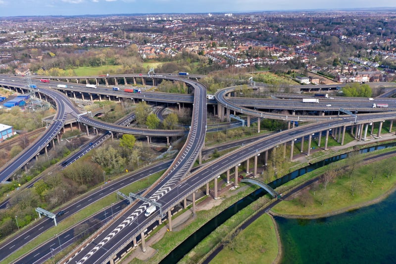 Traffic moves through the Spaghetti Junction in March 2020 during the first lockdown as only key workers and trucks are using the arterial road (Photo by Christopher Furlong/Getty Images)