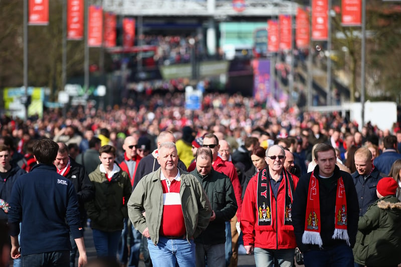 Bristol City fans are pictured down the famous Wembley Way, the walk fans make before reaching the turnstiles. 