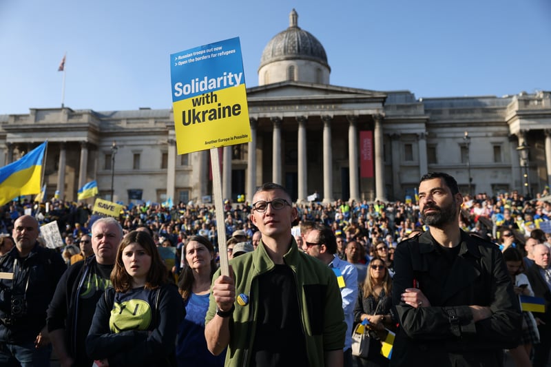 Trafalgar Square was filled with people for a vigil to protest the Russian war in Ukraine. Photo: Getty