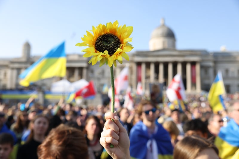  A protestor holds a sunflower, a symbol of Ukraine, at Trafalgar Square. Photo: Getty