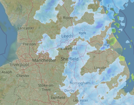 Here is where it is currently snowing in Yorkshire, as of 8am on Thursday morning