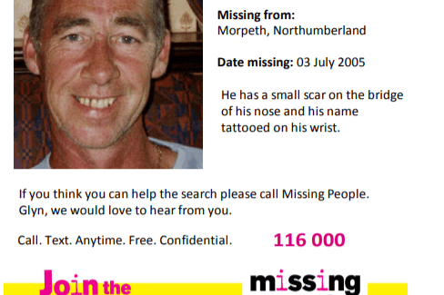 Age at disappearance - 50
Missing from - Morpeth, Northumberland
Missing since - 03/07/2005
Reference no - 05-005250
(Image: Missing People)