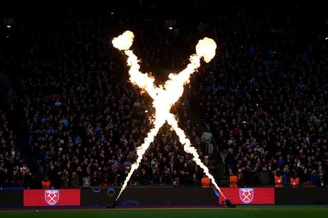 A general view inside the stadium as flames are set off prior to the UEFA Europa League  (Photo by Mike Hewitt/Getty Images)