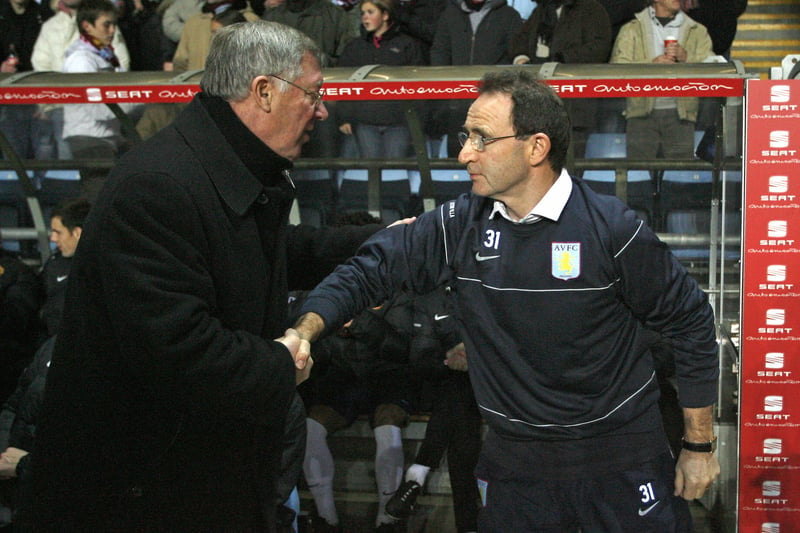 Sir Alex Ferguson and Martin O’Neill shake hands prior to Villa vs Manchester United.