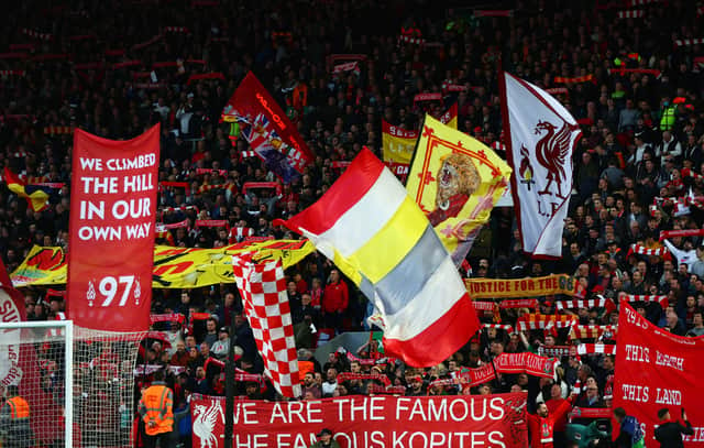 Liverpool fans are seen during the UEFA Champions League Quarter Final Leg Two match between Liverpool FC and SL Benfica at Anfield on April 13, 2022