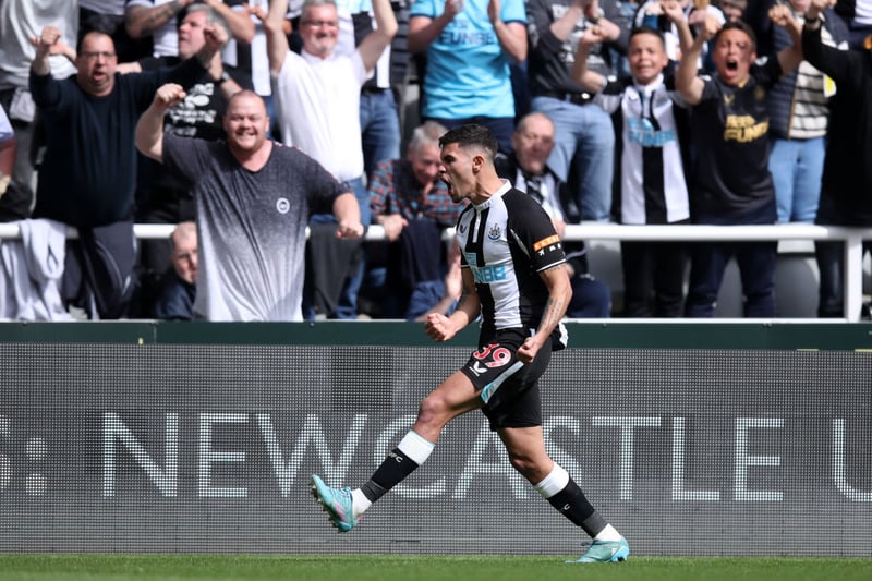 Bruno Guimaraes celebrates his first goal of the day after a VAR decision went in Newcastle’s favour.