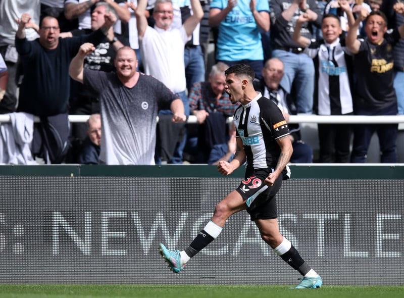 Bruno Guimaraes celebrates his first goal of the day after a VAR decision went in Newcastle’s favour.