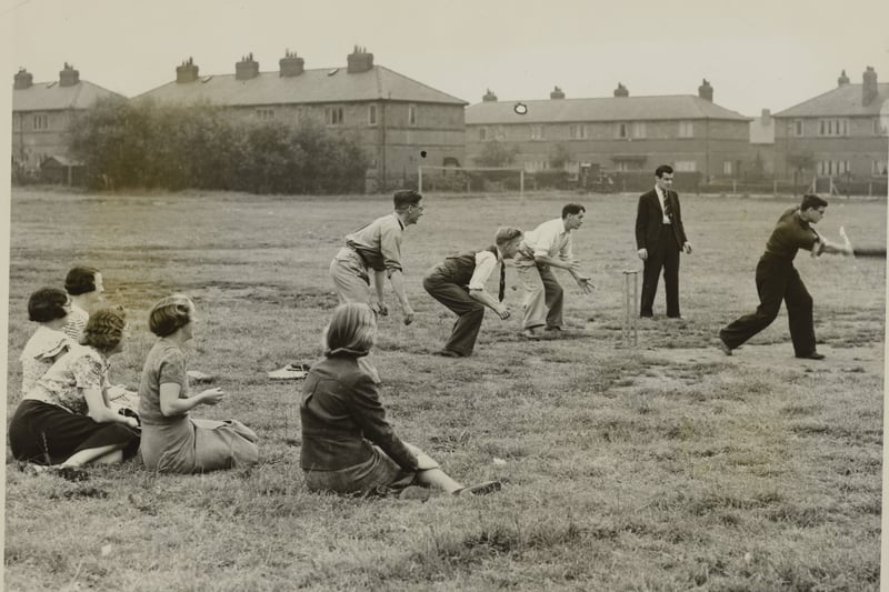 Teachers at a game of cricket at the Old Moat School, Withington, Manchester, England. (date not stated)