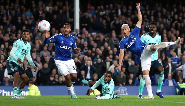 Richarlison of Everton scores their side's first goal during the Premier League match between Everton and Leicester City at Goodison Park on April 20, 2022 in Liverpool, England. (Photo by Jan Kruger/Getty Images)