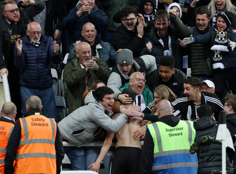 A shirtless Almiron is submerged in Newcastle fans after scoring his side’s only goal of the match. His goal sent the club up to 11th in the Premier League and the Magpies now sit on 40 points