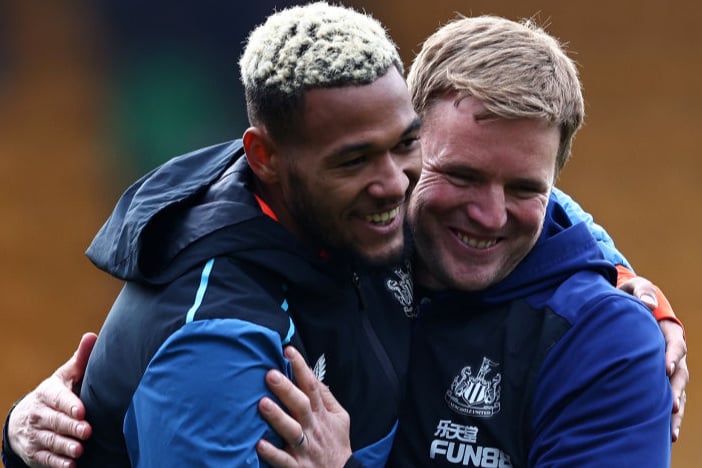 Newcastle’s two-goal hero Joelinton brings a smile out of a clearly delighted Eddie Howe.