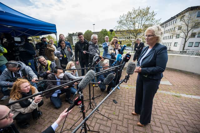 German Defence Secretary Christine Lambrecht speaks to the media during the Ukraine Security Consultative Group meeting at Ramstein air base on April 26, 2022 in Ramstein-Miesenbach, Germany